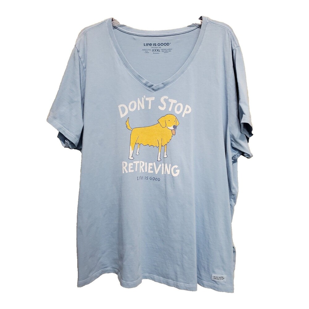 Life is Good Blue Cotton Don't Stop Retrieving V-Neck Crusher Tee Size XXXL